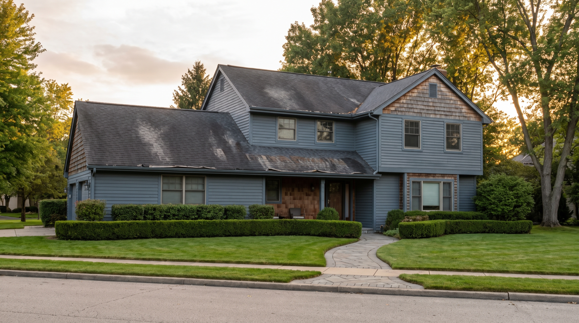 A well-kept two-story house with an aging, weathered shingle roof, seen from the street in late-afternoon light.