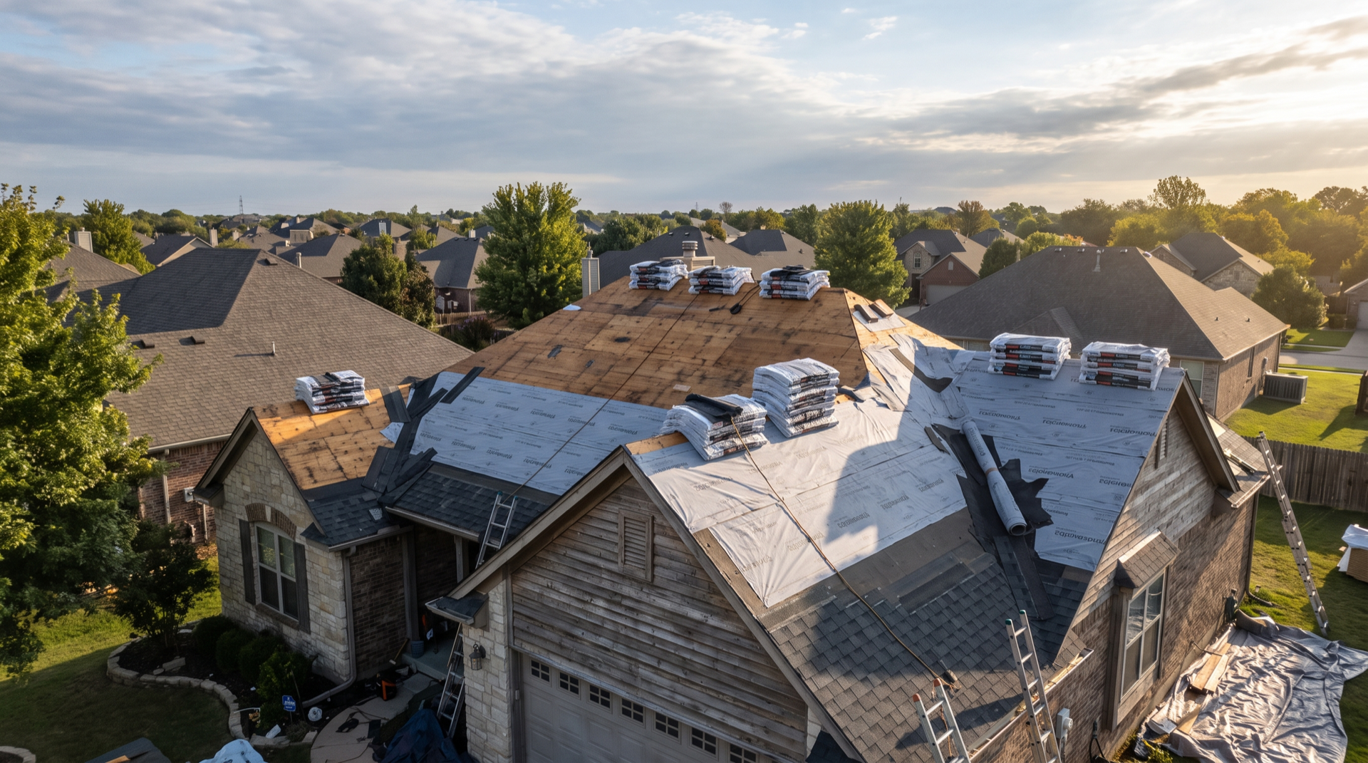 A roof mid-replacement with the decking and underlayment exposed and bundles of new charcoal shingles ready to install.
