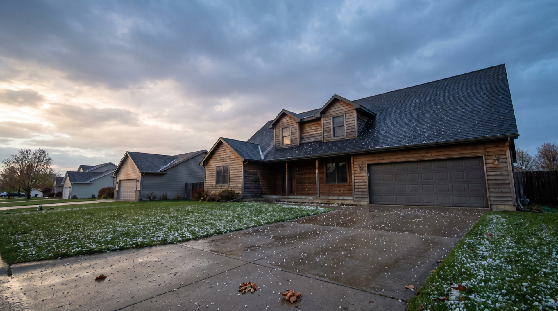 Hailstones scattered across a front lawn and a dark shingled roof on a quiet street the morning after a storm.