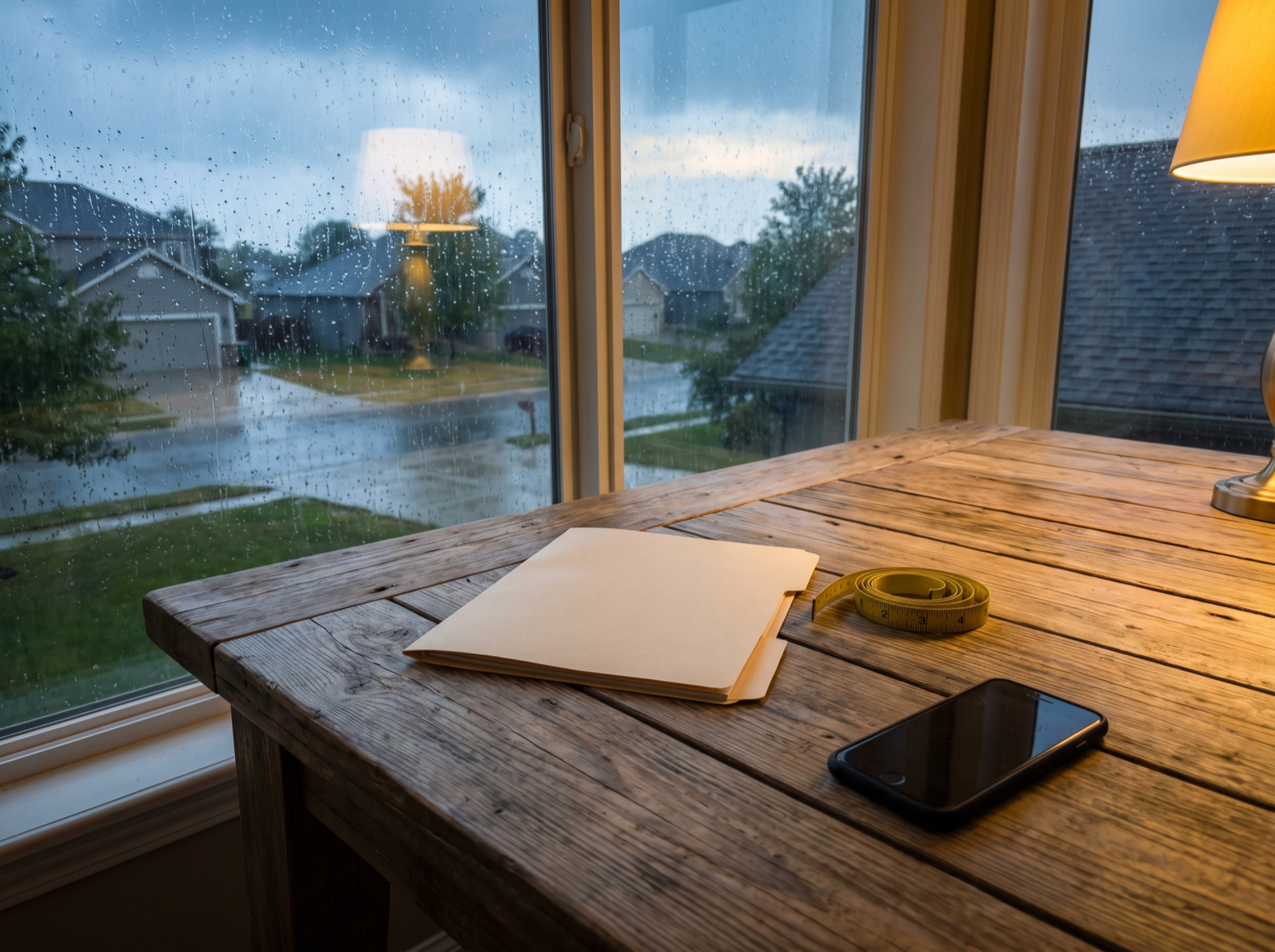 A closed plain folder, a yellow tape measure and a phone face down on a kitchen table by a rainy window.