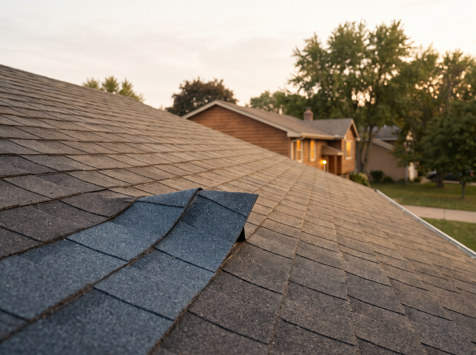 A single lifted, creased shingle beside a row of intact shingles.