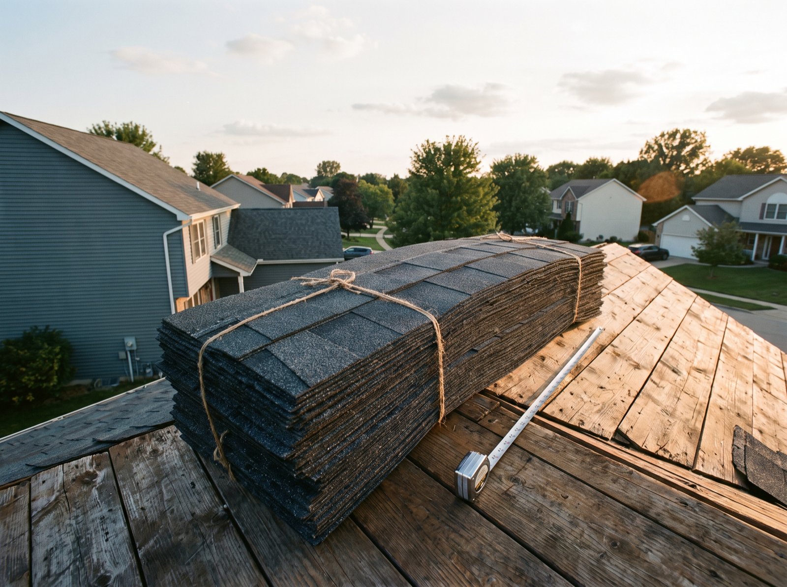 Bundles of new charcoal architectural shingles and a tape measure on exposed roof decking.