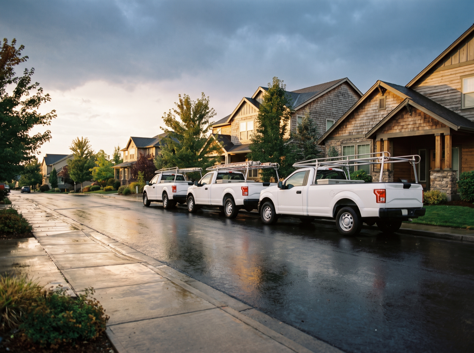 Three plain unmarked white pickup trucks with ladder racks parked along a wet suburban curb.