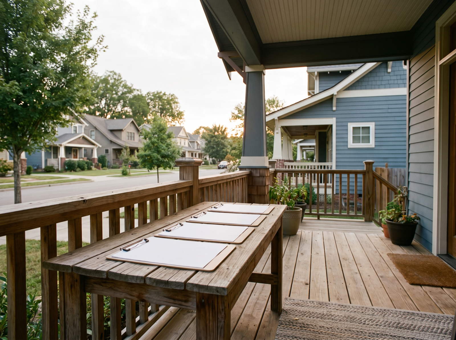 Blank white clipboards lined up on a wooden porch table.