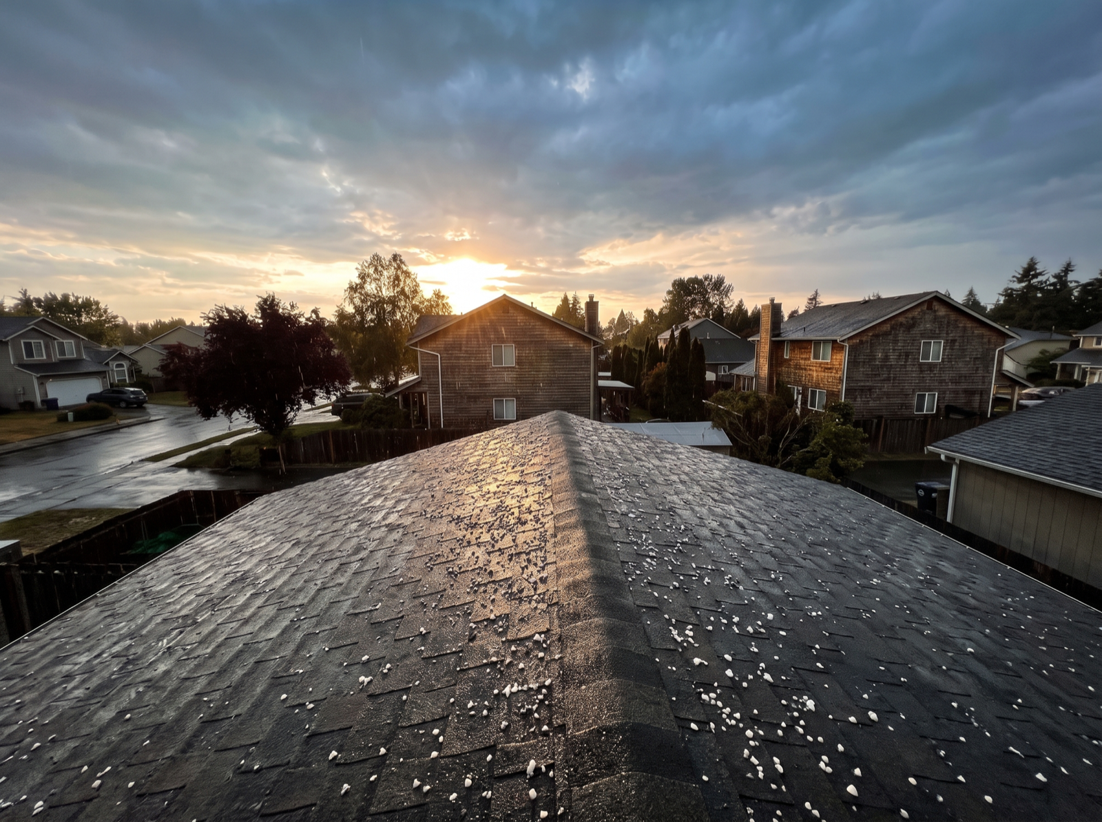 Small white hailstones melting on dark architectural shingles.